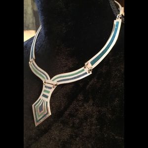 Blue & Green Turquoise Inlay Solid Silver Necklace